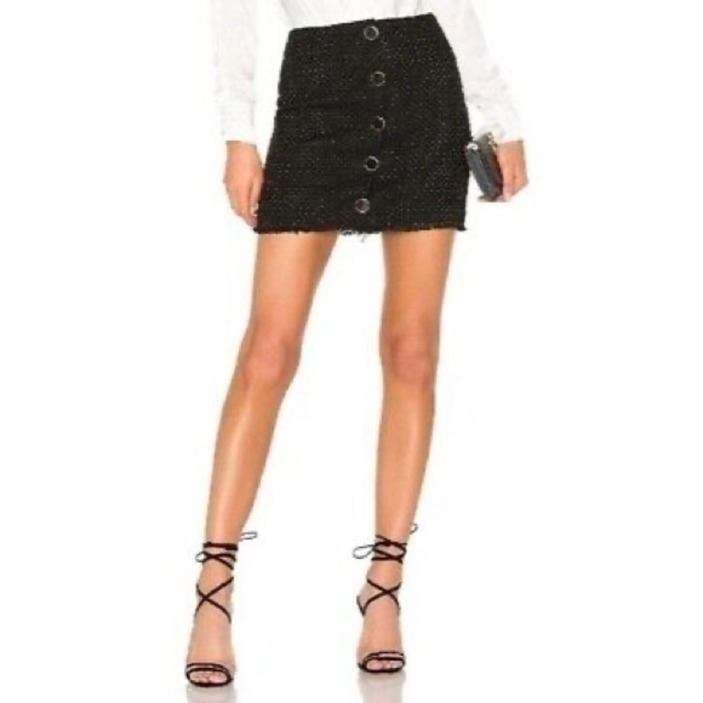 NWT L'Academie | Tweed Mini Skirt Small Black Button Front Frayed Hem‎